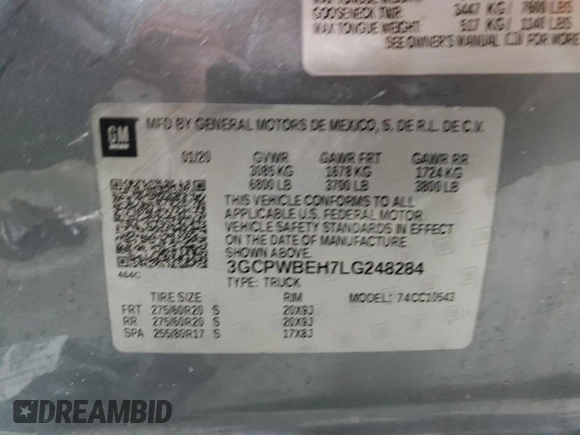 2020 Chevrolet Silverado 1500 Custom with VIN 3GCPWBEH7LG248284, listed as a Copart auction lot 44974775 with 122,275 mi miles and Salvage Title. Bid and sale history available at carsss.com. Image 13.