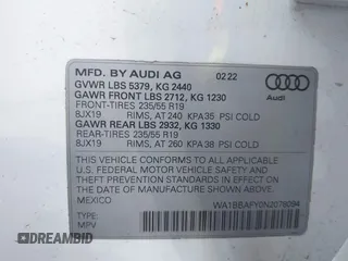 2022 Audi Q5 Premium Plus z VIN WA1BBAFY0N2078094, wystawiony jako IAAI lot #42061485 z przebiegiem 23 152 mil mil oraz . Historia ofert i sprzedaży dostępna na DreamBid. Obrazek 9.
