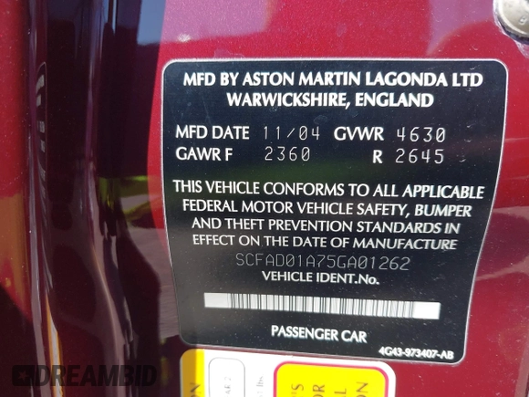 2005 Aston Martin DB9 z VIN SCFAD01A75GA01262, wystawiony jako IAAI lot #41937486 z przebiegiem 35 538 mil mil oraz . Historia ofert i sprzedaży dostępna na DreamBid. Obrazek 9.