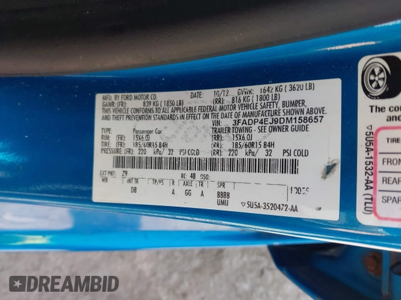 2013 Ford Fiesta SE with VIN 3FADP4EJ9DM158657, listed as a IAAI auction lot 42102761 with 170,845 mi miles and . Bid and sale history available at DreamBid. Image 9.