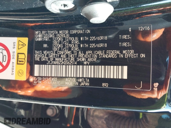 2017 Lexus NX 200t with VIN JTJYARBZ2H2062514, listed as a IAAI auction lot 42028766 with 132,942 mi miles and . Bid and sale history available at DreamBid. Image 9.