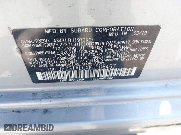 2019 Subaru Crosstrek Premium with VIN JF2GTAECXKH308457, listed as a IAAI auction lot 42505401 with 66,633 mi miles and . Bid and sale history available at DreamBid. Image 9.