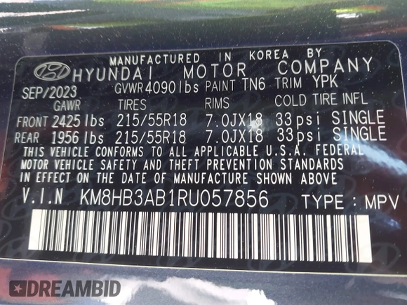2024 Hyundai Kona SEL with VIN KM8HB3AB1RU057856, listed as a IAAI auction lot 42095258 with 9,928 mi miles. Bid and sale history available at carsss.com. Image 9.