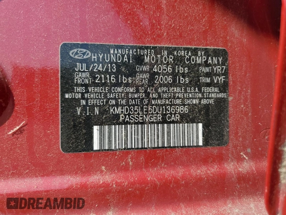 2013 Hyundai Elantra with VIN KMHD35LE5DU136986, listed as a Copart auction lot 60551325 with 66,355 mi miles and Salvage title. Bid and sale history available at DreamBid. Image 12.