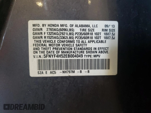2014 Honda Pilot EX-L with VIN 5FNYF4H52EB004049, listed as a Copart auction lot 55529765 with 149,406 mi miles and Salvage Title. Bid and sale history available at DreamBid. Image 14.