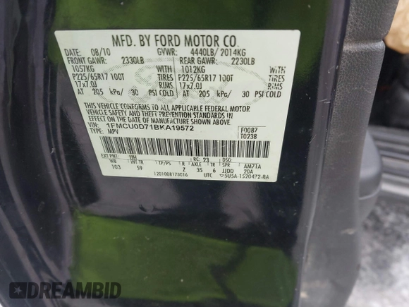 2011 Ford Escape XLT with VIN 1FMCU0D71BKA19572, listed as a IAAI auction lot 41226720 with 1 mi miles. Bid and sale history available at carsss.com. Image 9.