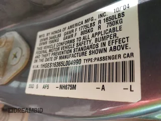 2005 Honda Civic VP with VIN 1HGES16365L004990, listed as a IAAI auction lot 42208038 with Not Provided miles and . Bid and sale history available at DreamBid. Image 9.