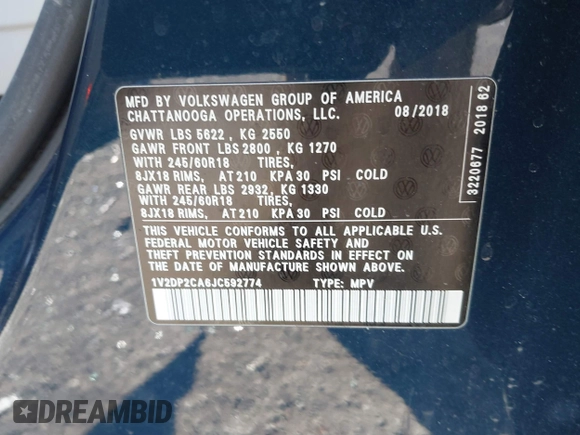 2018 Volkswagen Atlas SE with VIN 1V2DP2CA6JC592774, listed as a IAAI auction lot 41389952 with 58,546 mi miles and . Bid and sale history available at DreamBid. Image 9.