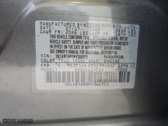 2017 Nissan Sentra SV with VIN 3N1AB7AP0HY366905, listed as a Copart auction lot 52989235 with 58,194 mi miles and Salvage Title. Bid and sale history available at carsss.com. Image 12.