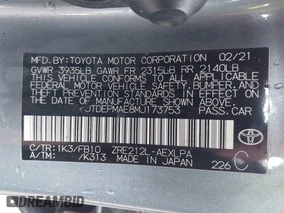 2021 Toyota Corolla LE with VIN JTDEPMAE8MJ173753, listed as a IAAI auction lot 40675579 with 107,086 mi miles. Bid and sale history available at carsss.com. Image 9.