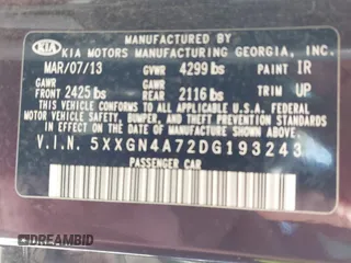 2013 Kia Optima EX with VIN 5XXGN4A72DG193243, listed as a IAAI auction lot 41895565 with 203,846 mi miles. Bid and sale history available at carsss.com. Image 9.