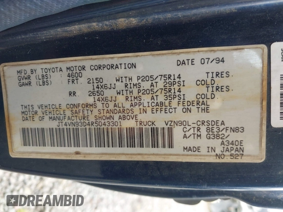 1994 Toyota Pickup z VIN JT4VN93D4R5043301, wystawiony jako IAAI lot #41970473 z przebiegiem 286 005 mil mil oraz . Historia ofert i sprzedaży dostępna na DreamBid. Obrazek 9.