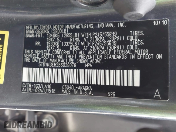 2011 Toyota Highlander Limited with VIN 5TDYK3EH3BS028078, listed as a IAAI auction lot 42098186 with 137,261 mi miles and . Bid and sale history available at DreamBid. Image 9.