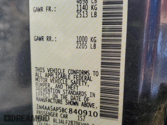 2011 Nissan Maxima SV with VIN 1N4AA5AP5BC840910, listed as a Copart auction lot 54042515 with Not provided miles and Salvage title. Bid and sale history available at DreamBid. Image 13.