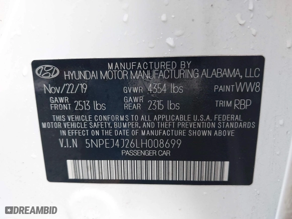 2020 Hyundai Sonata SEL Plus with VIN 5NPEJ4J26LH008699, listed as a IAAI auction lot 41884974 with 59,374 mi miles. Bid and sale history available at carsss.com. Image 9.