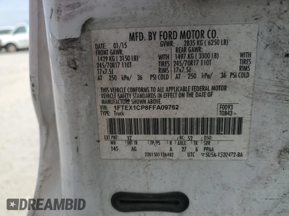 2015 Ford F-150 XL with VIN 1FTEX1CP8FFA09762, listed as a Copart auction lot 44915395 with 0 mi miles and Clean Title. Bid and sale history available at carsss.com. Image 12.