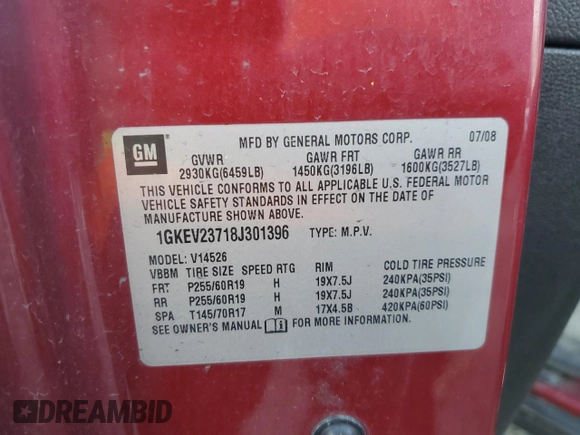 2008 GMC Acadia SLT1 with VIN 1GKEV23718J301396, listed as a Copart auction lot 51122325 with 151,885 mi miles and Clean Title. Bid and sale history available at DreamBid. Image 13.