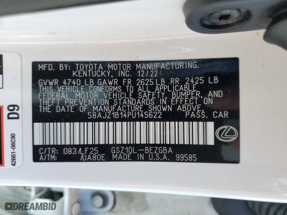 2023 Lexus ES with VIN 58AJZ1B14PU145622, listed as a Copart auction lot 67636734 with 13,972 mi miles and Salvage Title. Bid and sale history available at carsss.com. Image 13.