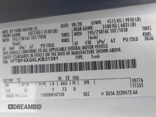 2020 Ford Transit Cargo with VIN 1FTBF4XG0LKB31391, listed as a IAAI auction lot 41603637 with 87,279 mi miles and . Bid and sale history available at DreamBid. Image 9.