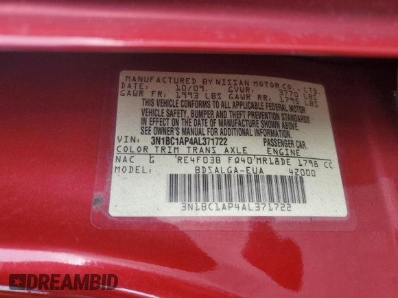 2010 Nissan Versa 1.8 S with VIN 3N1BC1AP4AL371722, listed as a Copart auction lot 72641144 with 128,445 mi miles and Salvage Title. Bid and sale history available at carsss.com. Image 14.