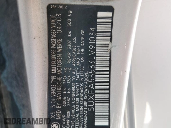 2003 BMW X5 3.0i with VIN 5UXFA53533LV91034, listed as a Copart auction lot 69153124 with 204,415 mi miles and Salvage Title. Bid and sale history available at carsss.com. Image 15.