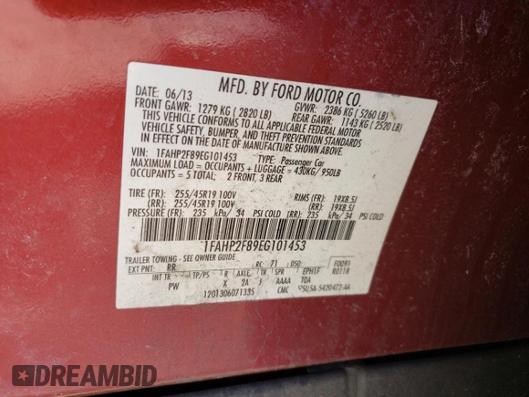 2014 Ford Taurus Limited with VIN 1FAHP2F89EG101453, listed as a Copart auction lot 47289935 with 191,609 mi miles and Salvage title. Bid and sale history available at DreamBid. Image 14.