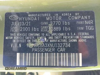 2022 Hyundai Venue SEL with VIN KMHRC8A3XNU132734, listed as a IAAI auction lot 41907902 with 69,665 mi miles and . Bid and sale history available at DreamBid. Image 18.