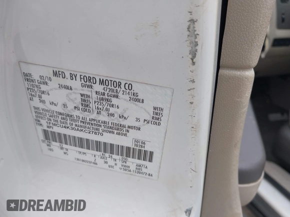 2010 Ford Escape Hybrid with VIN 1FMCU4K30AKC27870, listed as a IAAI auction lot 42246083 with 127,782 mi miles and . Bid and sale history available at DreamBid. Image 9.