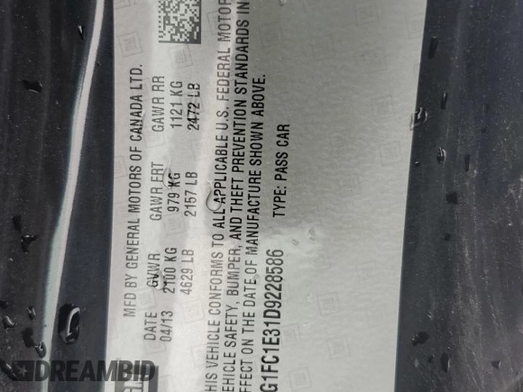 2013 Chevrolet Camaro LT z VIN 2G1FC1E31D9228586, wystawiony jako Copart lot #59762765 z przebiegiem 204 854 mil mil oraz Szkoda całkowita • Salvage title. Historia ofert i sprzedaży dostępna na DreamBid. Obrazek 12.