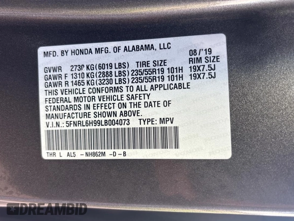 2020 Honda Odyssey Elite with VIN 5FNRL6H99LB004073, listed as a Copart auction lot 54796285 with 167,110 mi miles and Clean Title. Bid and sale history available at DreamBid. Image 10.