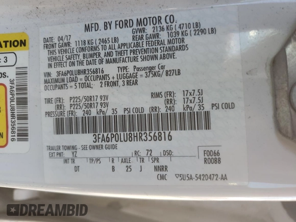 2017 Ford Fusion Hybrid SE с VIN 3FA6P0LU8HR356816, выставлен на аукционе Copart как лот 51005915 с пробегом Не указан миль и Списание • Salvage title. История ставок и продаж доступна на DreamBid. Изображение 12.