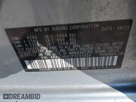 2023 Subaru Impreza with VIN 4S3GTAB61P3721028, listed as a IAAI auction lot 41989168 with 13,274 mi miles and . Bid and sale history available at DreamBid. Image 9.