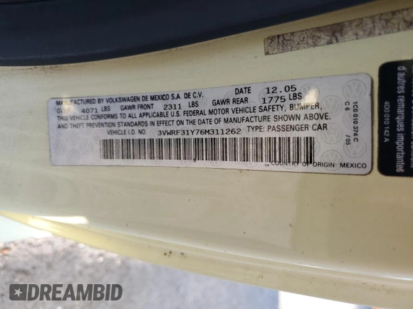 2006 Volkswagen Beetle с VIN 3VWRF31Y76M311262, выставлен на аукционе Copart как лот 53287445 с пробегом 96 353 миль миль и Списание • Salvage title. История ставок и продаж доступна на DreamBid. Изображение 14.