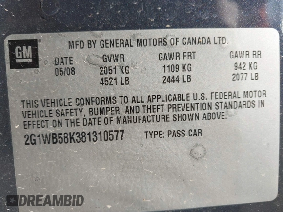 2008 Chevrolet Impala LS z VIN 2G1WB58K381310577, wystawiony jako IAAI lot #41977761 z przebiegiem 134 170 mil mil oraz . Historia ofert i sprzedaży dostępna na DreamBid. Obrazek 9.