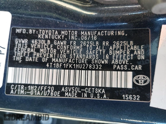 2017 Toyota Camry XLE with VIN 4T1BF1FK1HU278332, listed as a Copart auction lot 46861465 with 122,169 mi miles and Salvage Title. Bid and sale history available at carsss.com. Image 12.