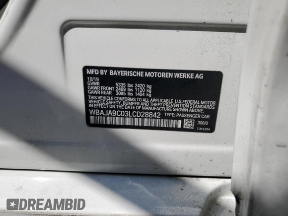 2020 BMW 5 Series 530e with VIN WBAJA9C03LCD28842, listed as a Copart auction lot 69901984 with 63,036 mi miles and Salvage Title. Bid and sale history available at DreamBid. Image 12.