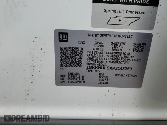 2023 GMC Acadia SLT with VIN 1GKKNULSXPZ148259, listed as a Copart auction lot 51538155 with 4,169 mi miles and Salvage Title. Bid and sale history available at DreamBid. Image 13.