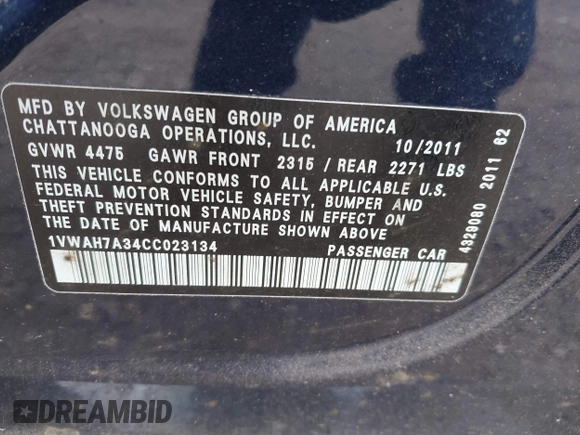 2012 Volkswagen Passat S with VIN 1VWAH7A34CC023134, listed as a IAAI auction lot 42680912 with 157,397 mi miles and . Bid and sale history available at DreamBid. Image 9.