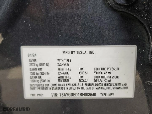 2024 Tesla Model Y with VIN 7SAYGDED1RF003640, listed as a Copart auction lot 45246095 with 8,894 mi miles and Salvage Title. Bid and sale history available at carsss.com. Image 15.