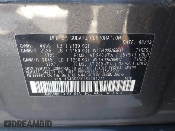 2019 Subaru Outback Premium with VIN 4S4BSAFC3K3381771, listed as a IAAI auction lot 42523729 with 76,783 mi miles and . Bid and sale history available at DreamBid. Image 9.