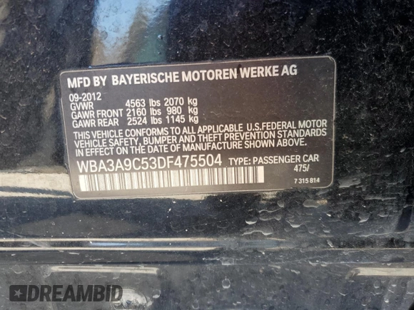 2013 BMW 3 Series 335i with VIN WBA3A9C53DF475504, listed as a Copart auction lot 79896964 with 104,859 mi miles and Salvage title. Bid and sale history available at DreamBid. Image 13.