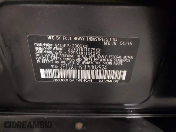2017 Subaru WRX Premium with VIN JF1VA1E63H8802924, listed as a IAAI auction lot 42254158 with 64,340 mi miles and . Bid and sale history available at DreamBid. Image 9.