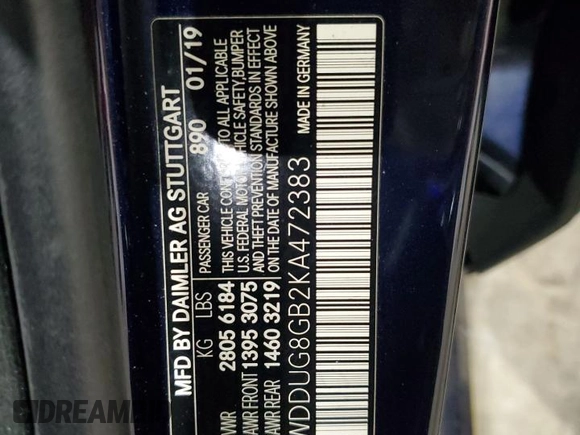 2019 Mercedes-Benz S 560 with VIN WDDUG8GB2KA472383, listed as a Copart auction lot 41736225 with 148,879 mi miles and Salvage Title. Bid and sale history available at DreamBid. Image 12.