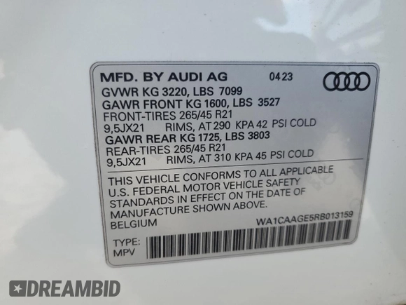 2024 Audi Q8 e-tron Sportback S line Premium Plus z VIN WA1CAAGE5RB013159, wystawiony jako Copart lot #73810634 z przebiegiem Nie podano mil oraz Nie do naprawy • Non repairable. Historia ofert i sprzedaży dostępna na DreamBid. Obrazek 13.