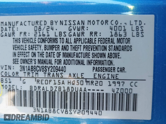 2025 Nissan Sentra SV with VIN 3N1AB8CV8SY209440, listed as a IAAI auction lot 41871471 with 568 mi miles. Bid and sale history available at carsss.com. Image 9.