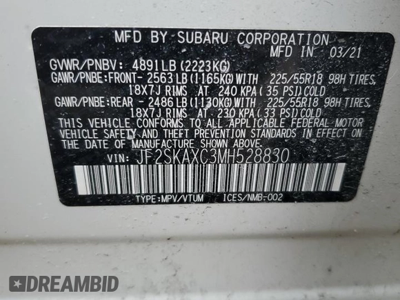 2021 Subaru Forester Touring z VIN JF2SKAXC3MH528830, wystawiony jako Copart lot #53322845 z przebiegiem 43 516 mil mil oraz Szkoda całkowita • Salvage title. Historia ofert i sprzedaży dostępna na DreamBid. Obrazek 13.
