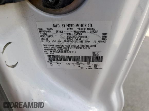 2008 Ford F-250 XL z VIN 1FTNX20508ED32012, wystawiony jako Copart lot #60426005 z przebiegiem 379 231 mil mil oraz Szkoda całkowita • Salvage title. Historia ofert i sprzedaży dostępna na DreamBid. Obrazek 12.