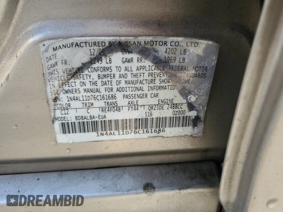 2006 Nissan Altima S z VIN 1N4AL11D76C161686, wystawiony jako Copart lot #58352465 z przebiegiem 170 409 mil mil oraz Szkoda całkowita • Salvage title. Historia ofert i sprzedaży dostępna na DreamBid. Obrazek 12.