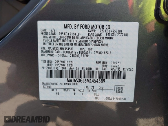 2021 Ford EcoSport SE with VIN MAJ6S3GL6MC454589, listed as a IAAI auction lot 42519464 with 78,213 mi miles and . Bid and sale history available at DreamBid. Image 9.