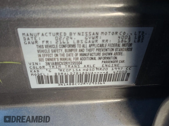 2024 Nissan Sentra SV z VIN 3N1AB8CV2RY295564, wystawiony jako IAAI lot #42796380 z przebiegiem 30 664 mil mil oraz . Historia ofert i sprzedaży dostępna na DreamBid. Obrazek 1.